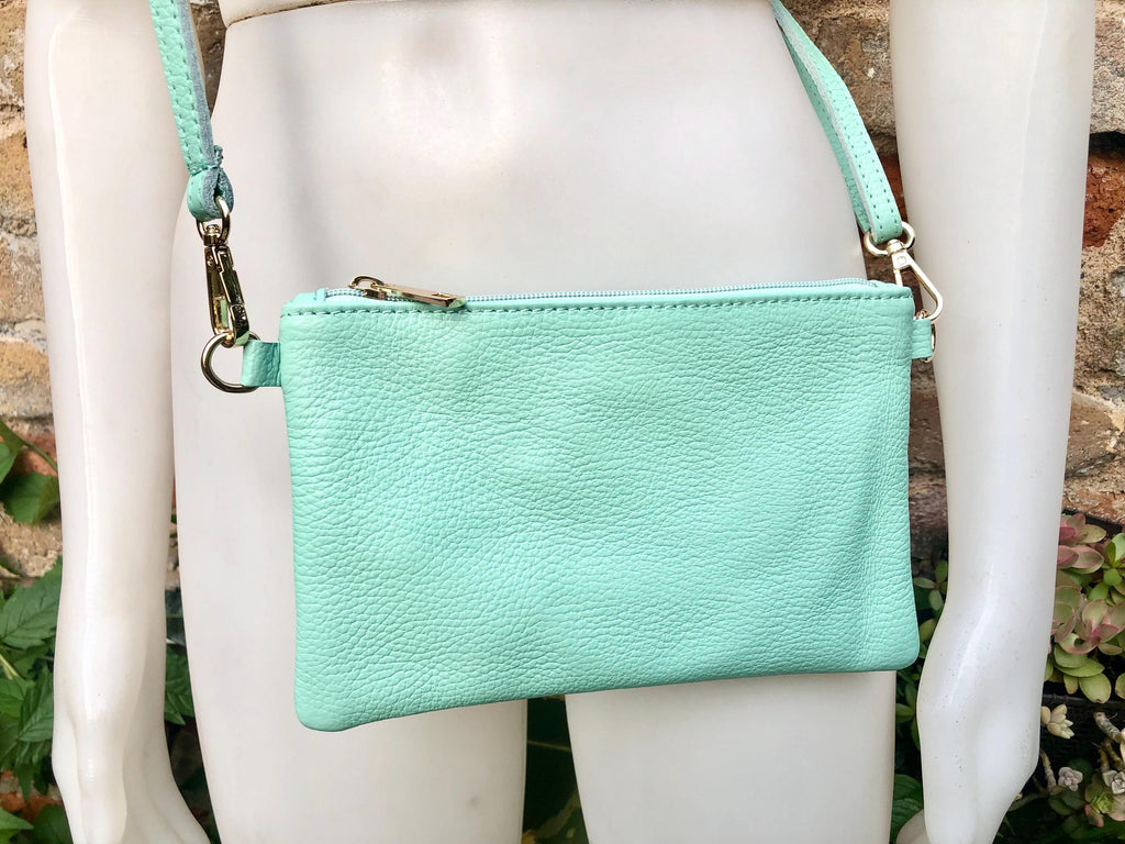 Small aqua green leather bag. GENUINE leather mint crossbody / shoulder bag . Light turquoise green leather purse with adjustable strap.