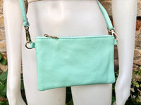 Small aqua green leather bag. GENUINE leather mint crossbody / shoulder bag . Light turquoise green leather purse with adjustable strap.