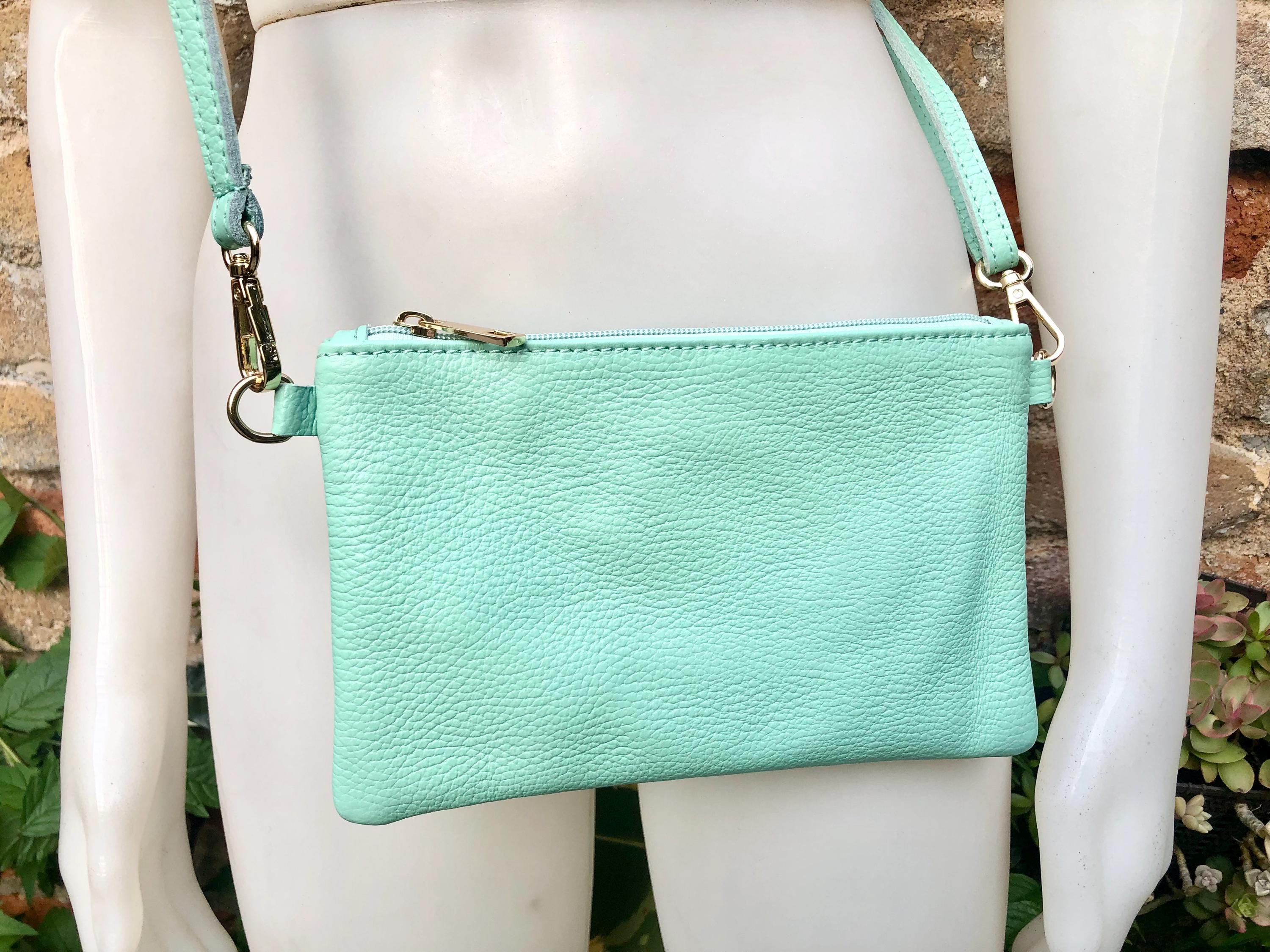 Small aqua green leather bag. GENUINE leather mint crossbody / shoulder bag . Light turquoise green leather purse with adjustable strap.