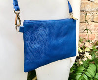 Royal blue small leather bag . Bright blue GENUINE leather cross body / shoulder bag or wristlet Cobalt blue purse with adjustable strap.