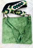 GREEN suede messenger bag: 1 GUITAR strap + 1 suede strap. Soft genuine leather crossbody / shoulder bag. Green purse with embroidered strap