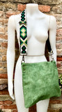 GREEN suede messenger bag: 1 GUITAR strap + 1 suede strap. Soft genuine leather crossbody / shoulder bag. Green purse with embroidered strap