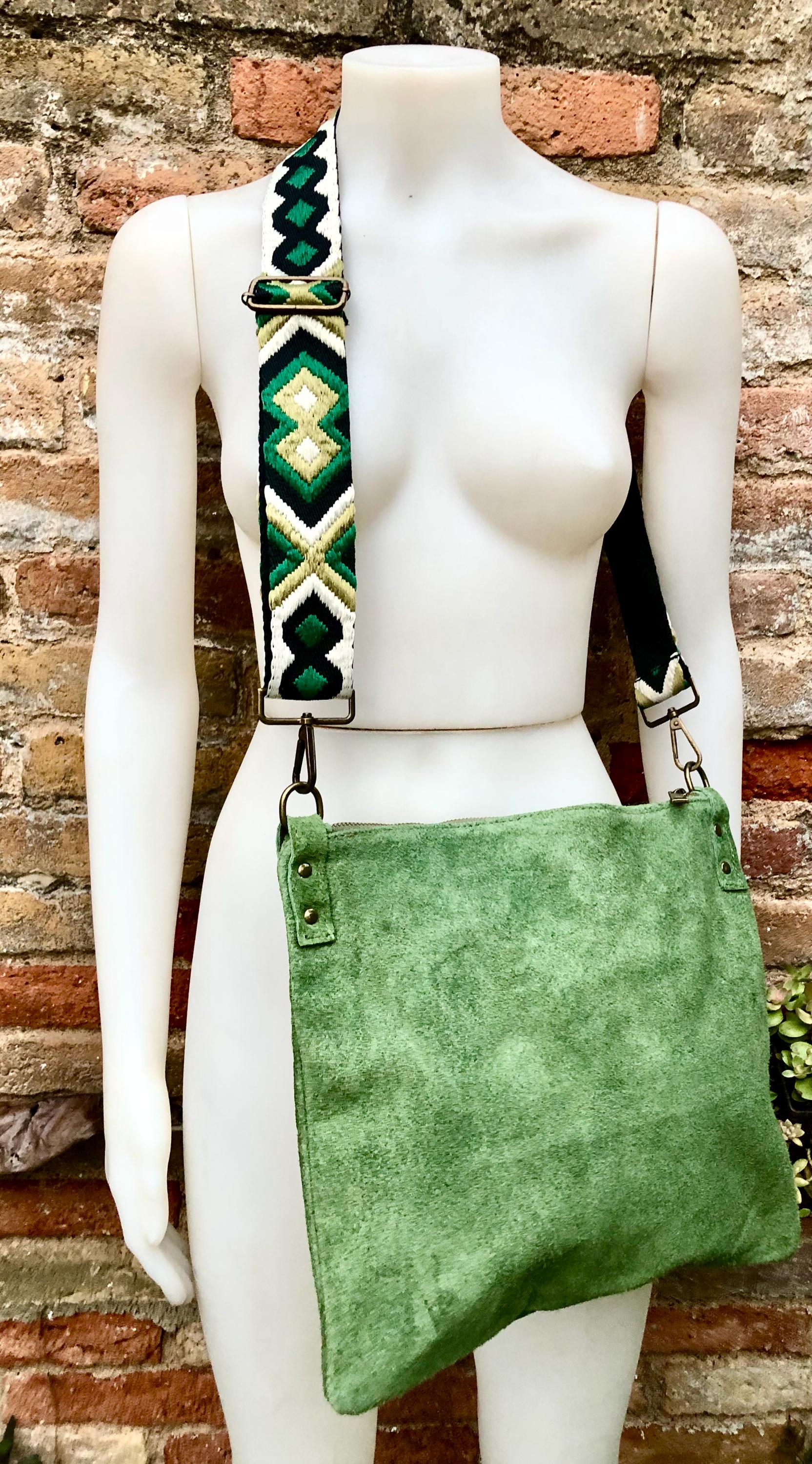 GREEN suede messenger bag: 1 GUITAR strap + 1 suede strap. Soft genuine leather crossbody / shoulder bag. Green purse with embroidered strap