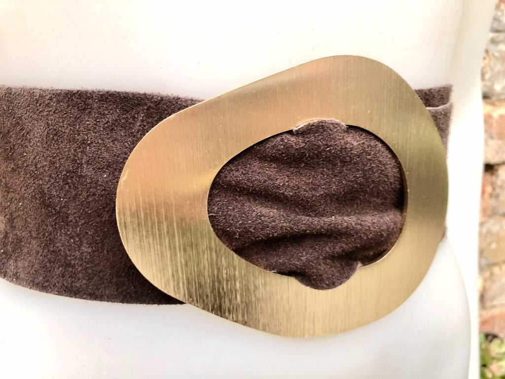 Dark brown suede waist belt with large metal buckle.Soft suede belt in light chocolate brown. Brown boho belt.Genuine natural suede leather.