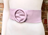 Light PURPLE leather waist belt with large round buckle. Soft leather belt. Genuine leather mauve dress belt. Wide lavender waist belt
