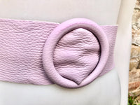 Light PURPLE leather waist belt with large round buckle. Soft leather belt. Genuine leather mauve dress belt. Wide lavender waist belt