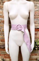 Light PURPLE leather waist belt with large round buckle. Soft leather belt. Genuine leather mauve dress belt. Wide lavender waist belt