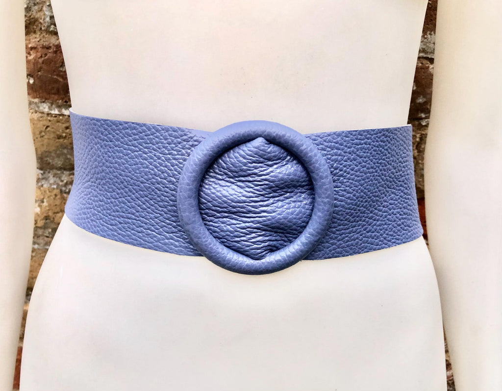 PURPLE leather waist belt with large round buckle. Soft leather belt. Genuine leather dress belt. Wide lilac waist belt