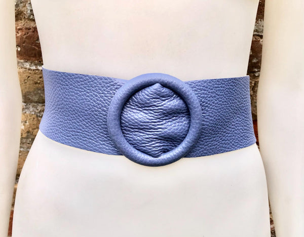 PURPLE leather waist belt with large round buckle. Soft leather belt. Genuine leather dress belt. Wide lilac waist belt
