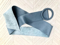 Denim blue leather waist belt with large round buckle. Soft leather belt in blue-gray.Genuine leather blue dress belt. Wide blue waist belt