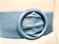 Denim blue leather waist belt with large round buckle. Soft leather belt in blue-gray.Genuine leather blue dress belt. Wide blue waist belt