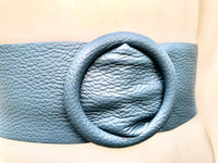 Denim blue leather waist belt with large round buckle. Soft leather belt in blue-gray.Genuine leather blue dress belt. Wide blue waist belt
