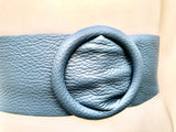 Denim blue leather waist belt with large round buckle. Soft leather belt in blue-gray.Genuine leather blue dress belt. Wide blue waist belt