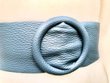 Denim blue leather waist belt with large round buckle. Soft leather belt in blue-gray.Genuine leather blue dress belt. Wide blue waist belt