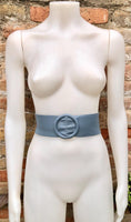 Denim blue leather waist belt with large round buckle. Soft leather belt in blue-gray.Genuine leather blue dress belt. Wide blue waist belt