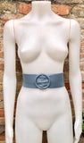 Denim blue leather waist belt with large round buckle. Soft leather belt in blue-gray.Genuine leather blue dress belt. Wide blue waist belt