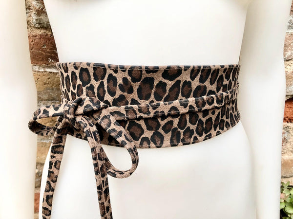 CHEETAH print suede OBI belt.Wrap belt in natural brown + black suede. Genuine leather panther waist belt. Animal print wraparound boho belt
