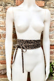 CHEETAH print suede OBI belt.Wrap belt in natural brown + black suede. Genuine leather panther waist belt. Animal print wraparound boho belt