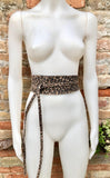 CHEETAH print suede OBI belt.Wrap belt in natural brown + black suede. Genuine leather panther waist belt. Animal print wraparound boho belt