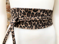 CHEETAH print suede OBI belt.Wrap belt in natural brown + black suede. Genuine leather panther waist belt. Animal print wraparound boho belt