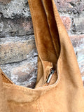 CAMEL brown slouchy bag.Large tote leather bag with zipper + FRINGES. Genuine leather bag. Rusty tan laptop bags. Large shopper leather bag.