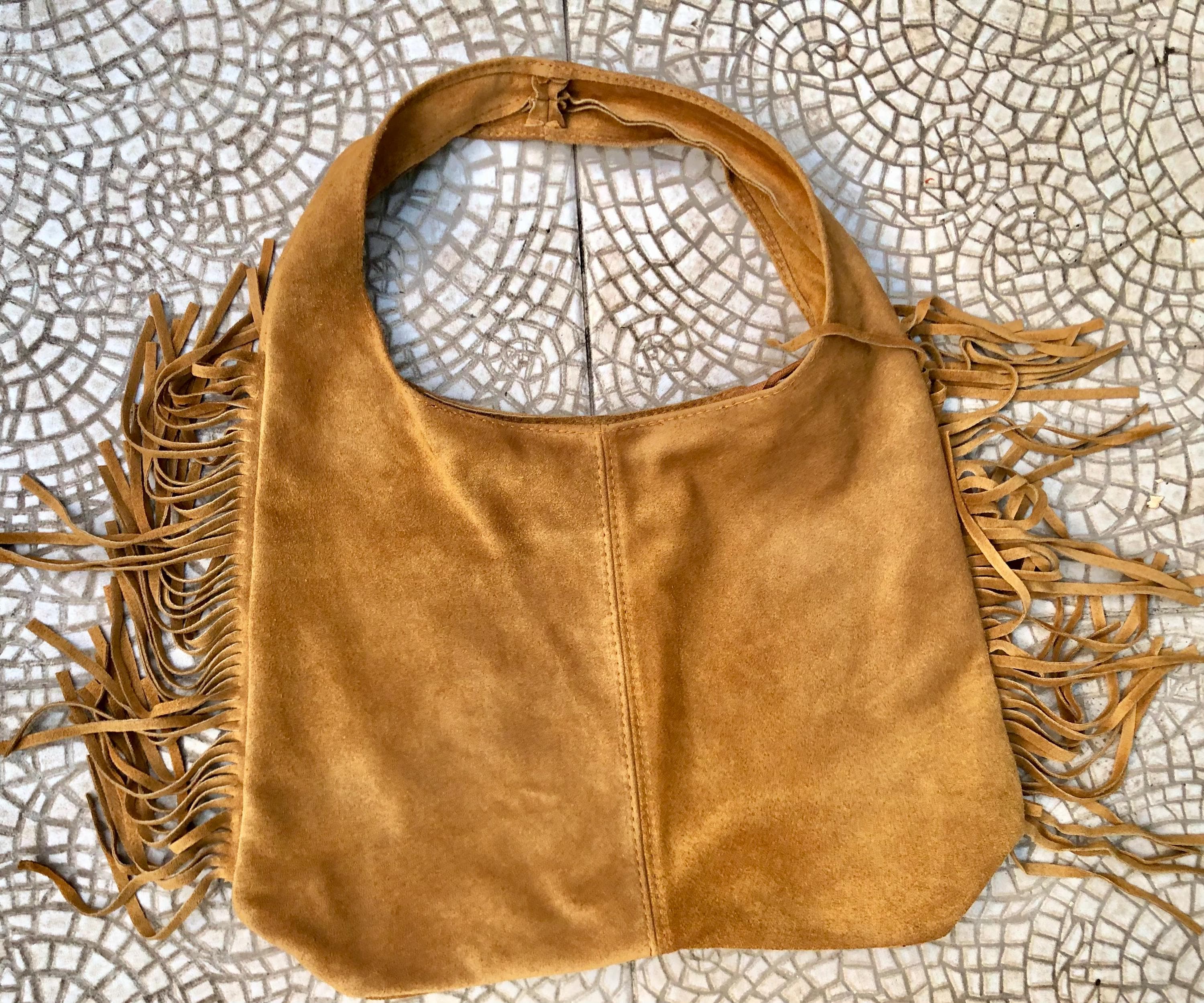 CAMEL brown slouchy bag.Large tote leather bag with zipper + FRINGES. Genuine leather bag. Rusty tan laptop bags. Large shopper leather bag.
