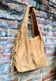 CAMEL brown slouchy bag.Large tote leather bag with zipper + FRINGES. Genuine leather bag. Rusty tan laptop bags. Large shopper leather bag.