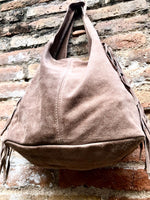 Taupe brown slouchy bag. Large tote leather bag with zipper + FRINGES. Genuine leather bag. Greyge laptop bags. Large shopper leather bag.