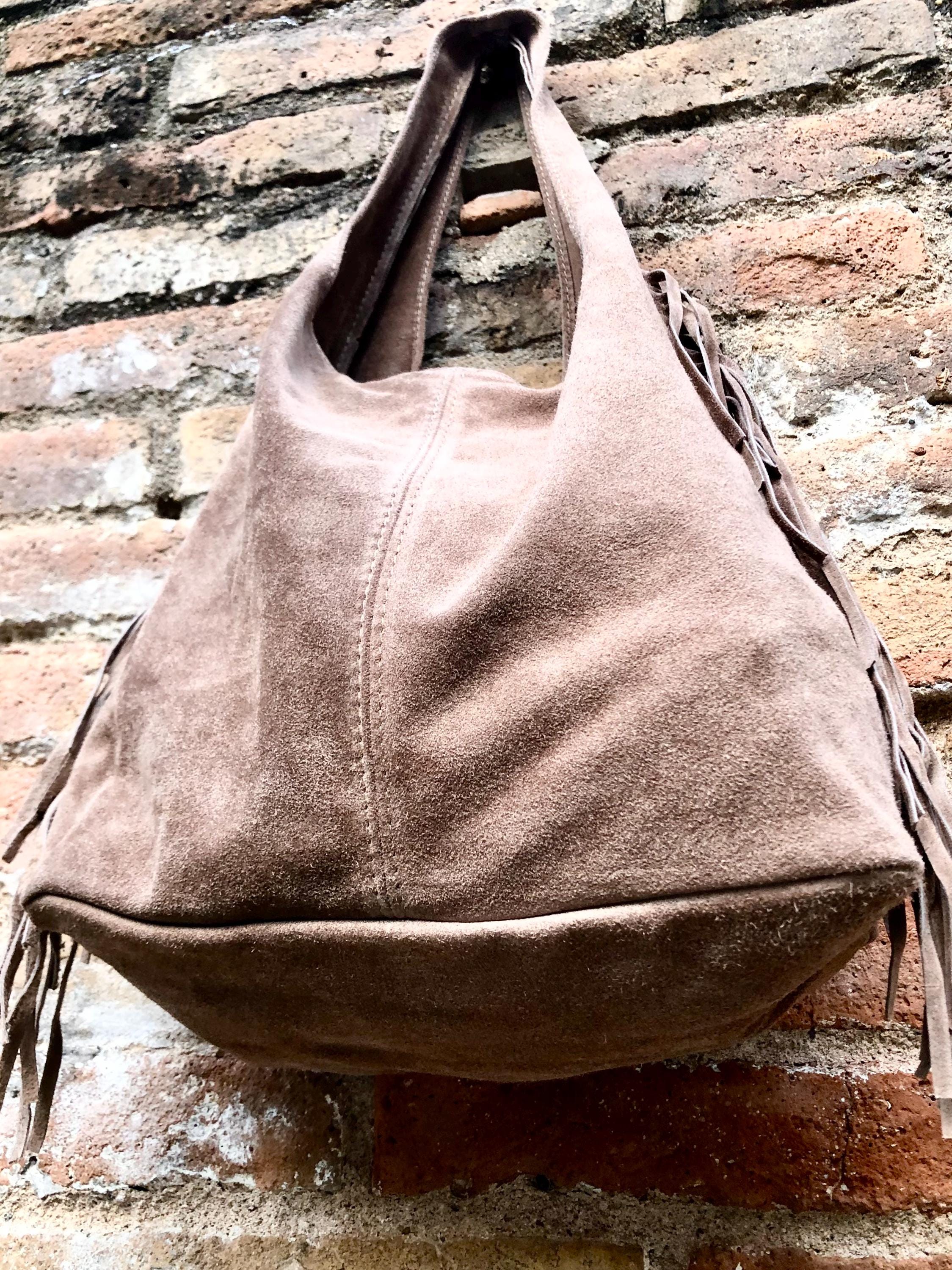 Taupe brown slouchy bag. Large tote leather bag with zipper + FRINGES. Genuine leather bag. Greyge laptop bags. Large shopper leather bag.