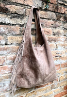 Taupe brown slouchy bag. Large tote leather bag with zipper + FRINGES. Genuine leather bag. Greyge laptop bags. Large shopper leather bag.