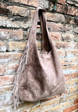 Taupe brown slouchy bag. Large tote leather bag with zipper + FRINGES. Genuine leather bag. Greyge laptop bags. Large shopper leather bag.