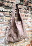 Taupe brown slouchy bag. Large tote leather bag with zipper + FRINGES. Genuine leather bag. Greyge laptop bags. Large shopper leather bag.
