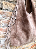Taupe brown slouchy bag. Large tote leather bag with zipper + FRINGES. Genuine leather bag. Greyge laptop bags. Large shopper leather bag.