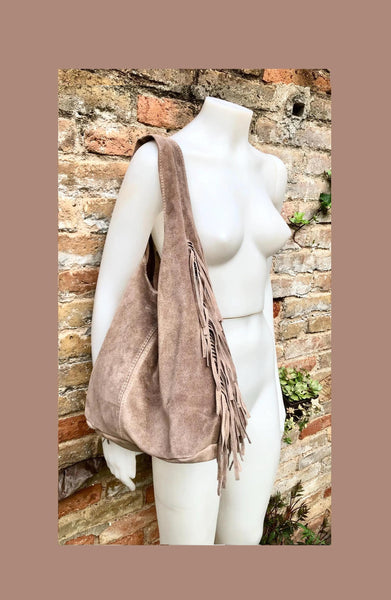 Taupe brown slouchy bag. Large tote leather bag with zipper + FRINGES. Genuine leather bag. Greyge laptop bags. Large shopper leather bag.