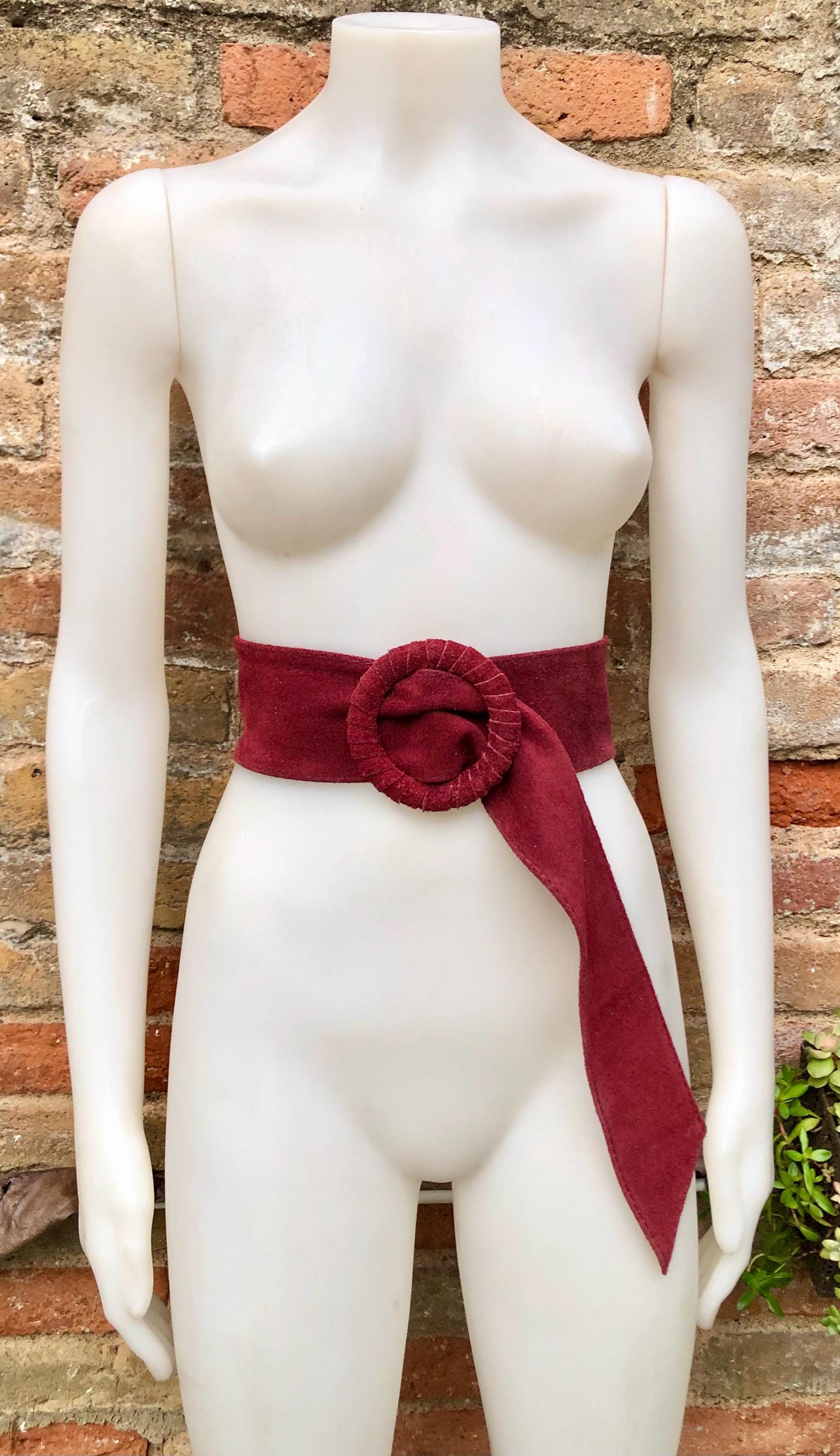 Burgundy suede waist belt with large round buckle. Boho soft suede belt in wine red. Genuine suede leather. Boho dark red suede belt