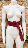 Burgundy suede waist belt with large round buckle. Boho soft suede belt in wine red. Genuine suede leather. Boho dark red suede belt