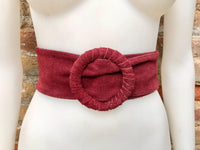 Burgundy suede waist belt with large round buckle. Boho soft suede belt in wine red. Genuine suede leather. Boho dark red suede belt