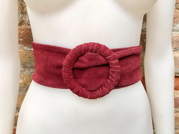 Burgundy suede waist belt with large round buckle. Boho soft suede belt in wine red. Genuine suede leather. Boho dark red suede belt
