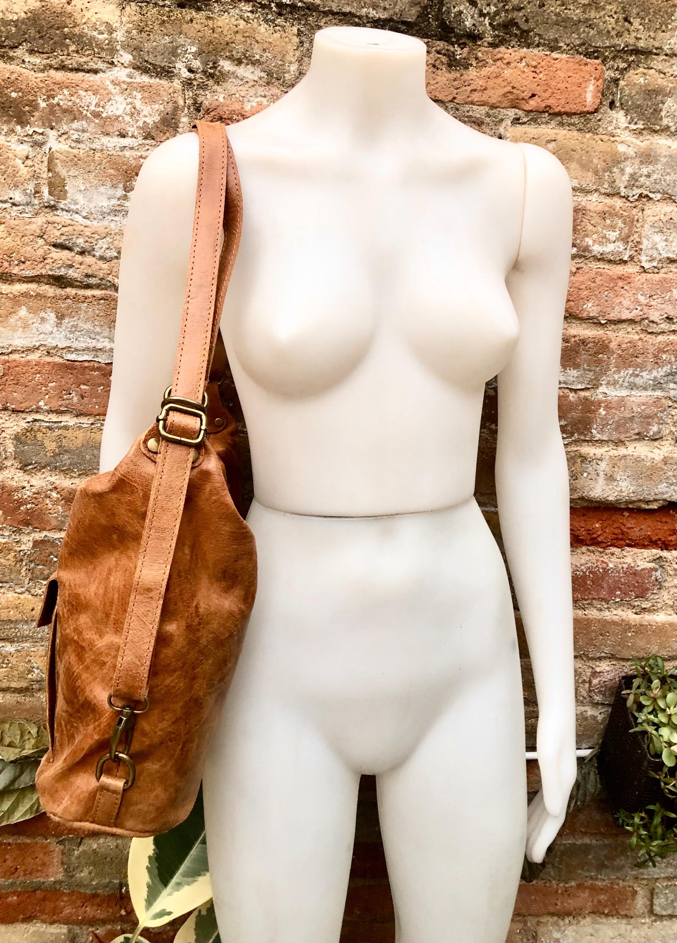 Genuine leather rucksack/ shoulder bag / crossbody in CAMEL BROWN. Soft genuine leather shopper. Carry all bag for laptops, tablets, books..