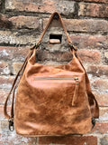 Genuine leather rucksack/ shoulder bag / crossbody in CAMEL BROWN. Soft genuine leather shopper. Carry all bag for laptops, tablets, books..