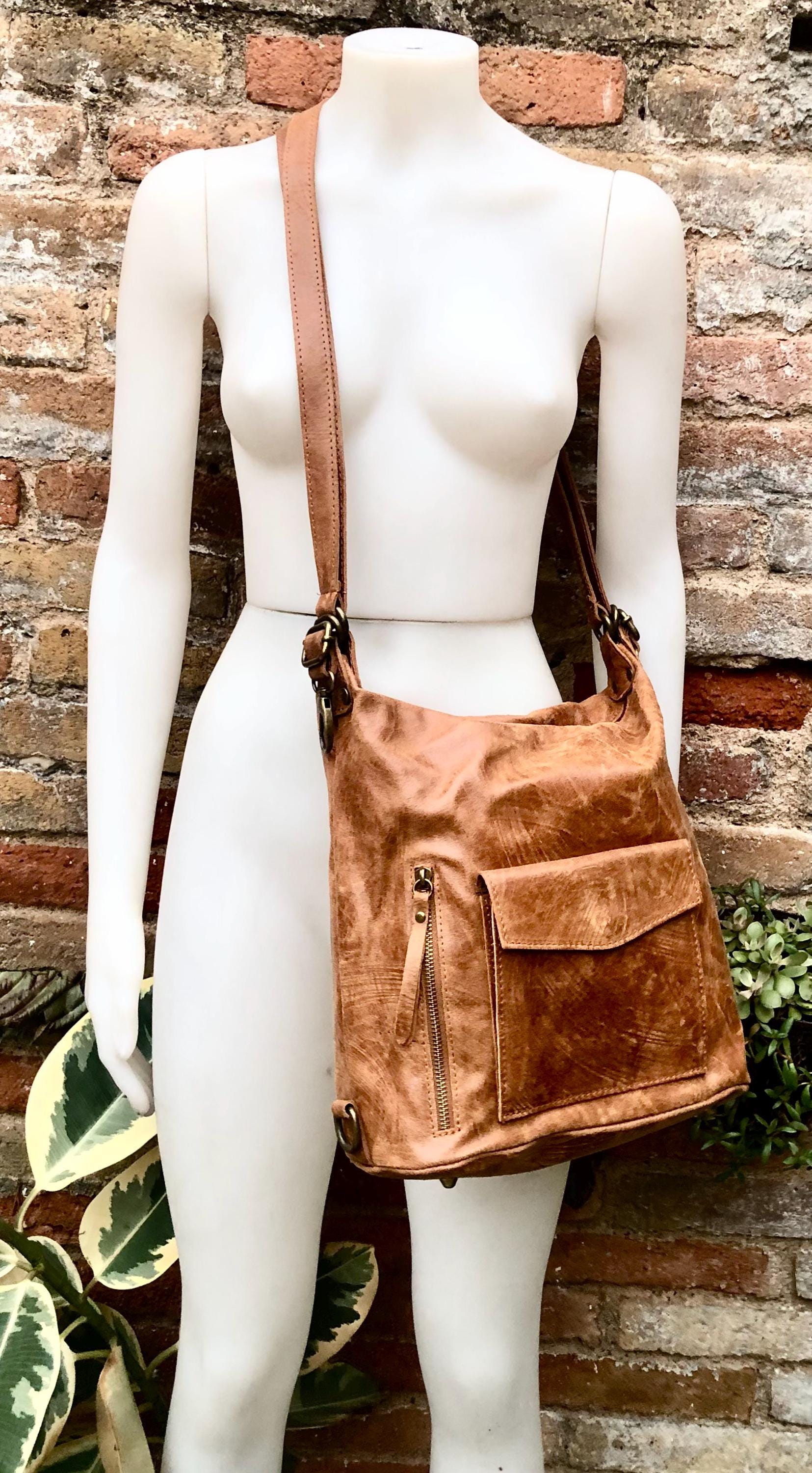 Genuine leather rucksack/ shoulder bag / crossbody in CAMEL BROWN. Soft genuine leather shopper. Carry all bag for laptops, tablets, books..