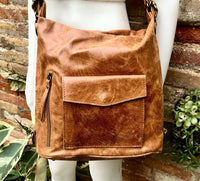 Genuine leather rucksack/ shoulder bag / crossbody in CAMEL BROWN. Soft genuine leather shopper. Carry all bag for laptops, tablets, books..