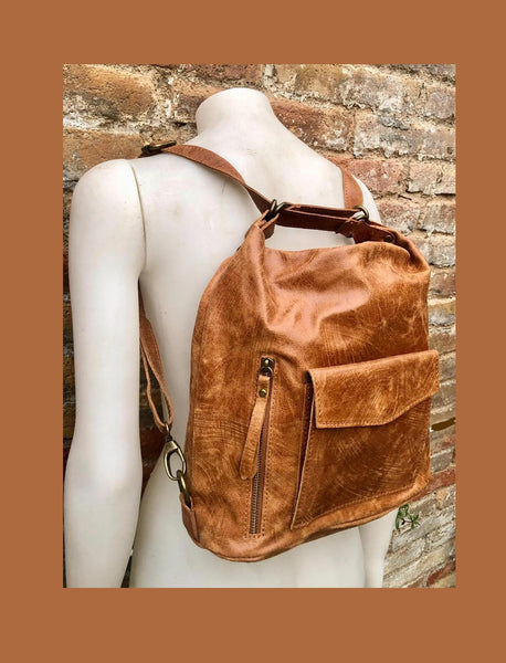 Genuine leather rucksack/ shoulder bag / crossbody in CAMEL BROWN. Soft genuine leather shopper. Carry all bag for laptops, tablets, books..