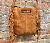 Camel brown crossbody fringed bag. BOHO suede leather bag with FRINGES. Tobacco brown genuine suede leather. Rusty brown suede purse.