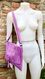 Suede bag in PURPLE. Soft genuine suede leather shoulder / messenger bag. Lilac suede purse. Mauve suede crossbody.Flap + zipper