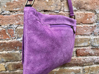 Suede bag in PURPLE. Soft genuine suede leather shoulder / messenger bag. Lilac suede purse. Mauve suede crossbody.Flap + zipper