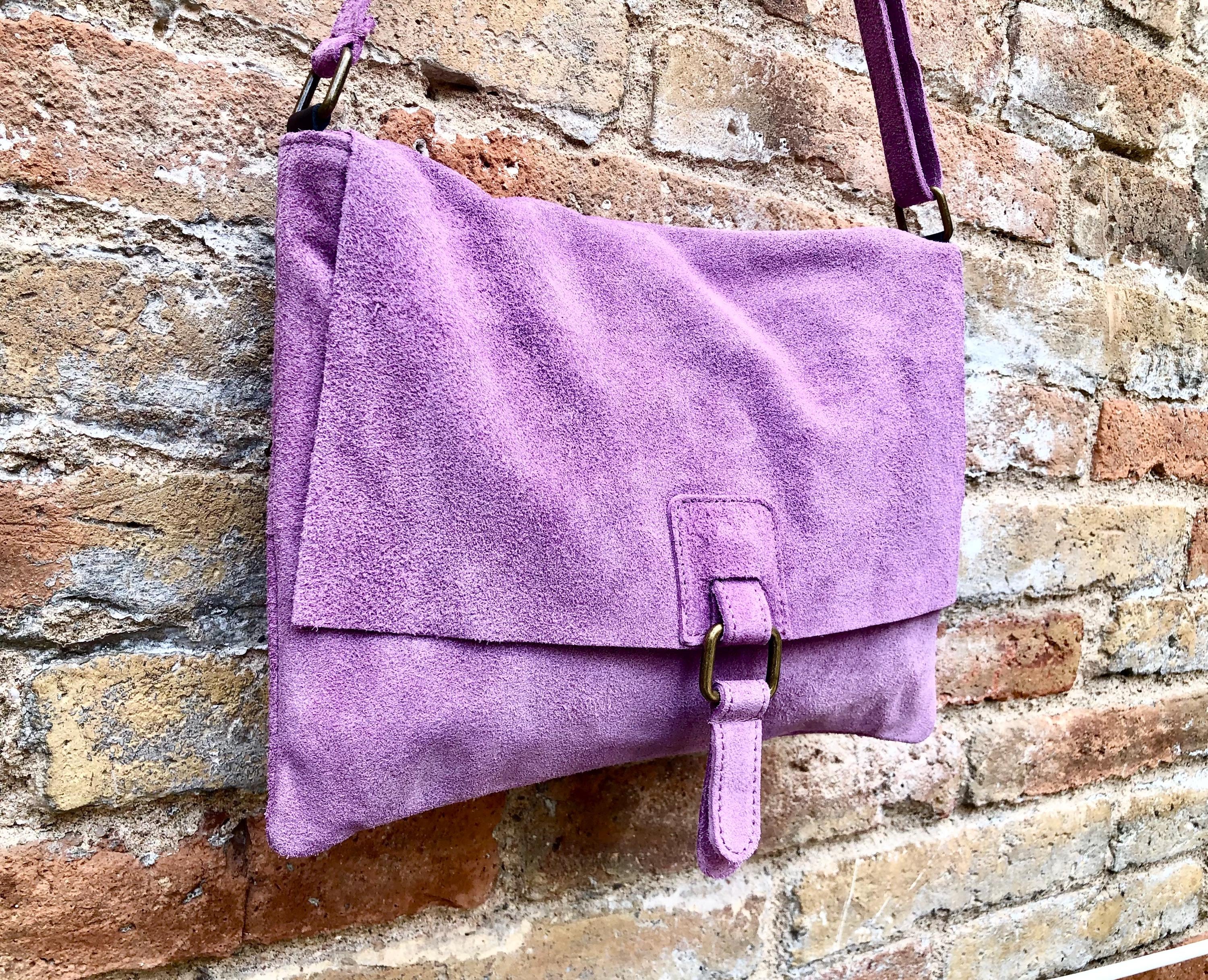 Suede bag in PURPLE. Soft genuine suede leather shoulder / messenger bag. Lilac suede purse. Mauve suede crossbody.Flap + zipper