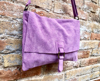 Suede bag in PURPLE. Soft genuine suede leather shoulder / messenger bag. Lilac suede purse. Mauve suede crossbody.Flap + zipper