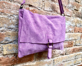 Suede bag in PURPLE. Soft genuine suede leather shoulder / messenger bag. Lilac suede purse. Mauve suede crossbody.Flap + zipper