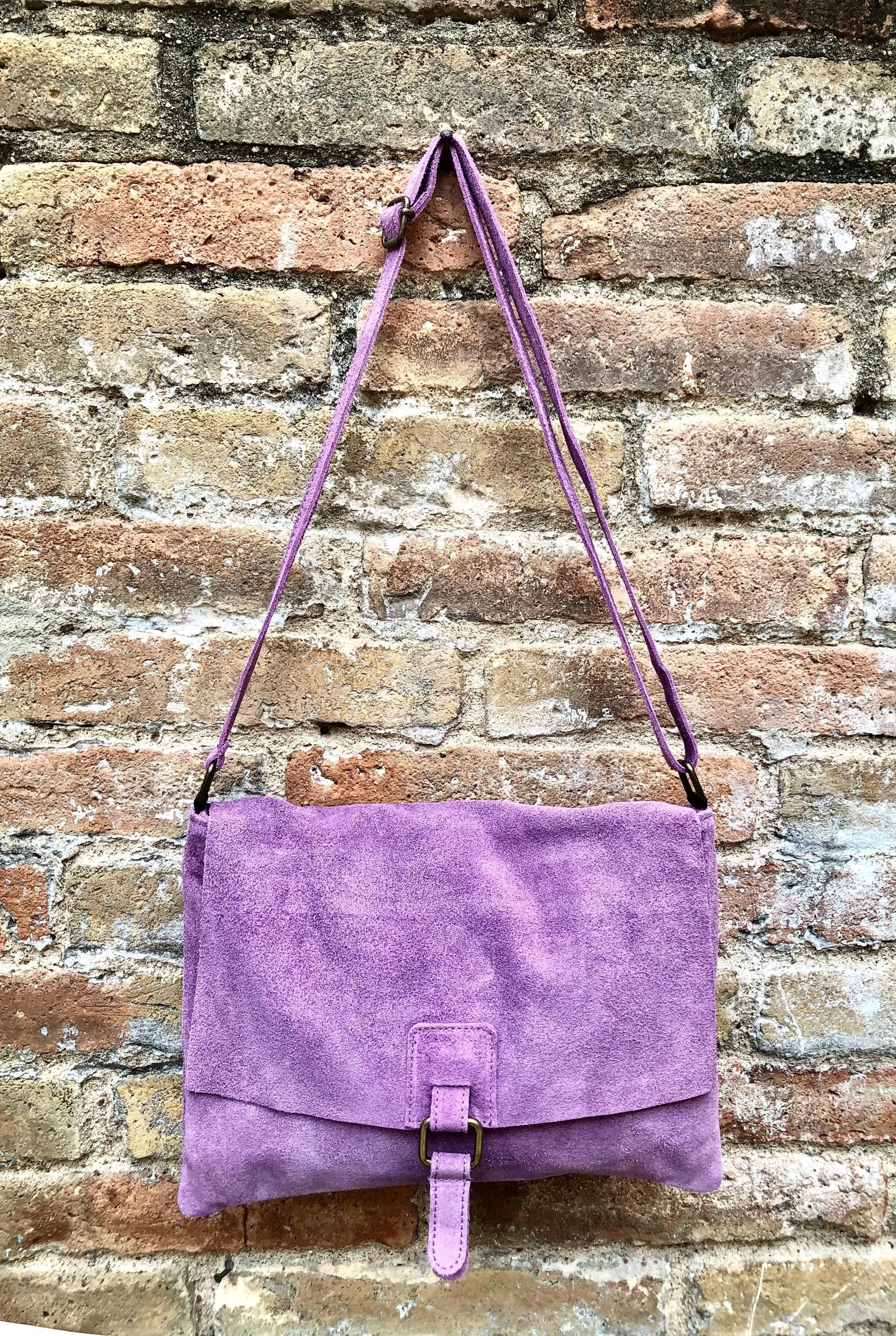 Suede bag in PURPLE. Soft genuine suede leather shoulder / messenger bag. Lilac suede purse. Mauve suede crossbody.Flap + zipper
